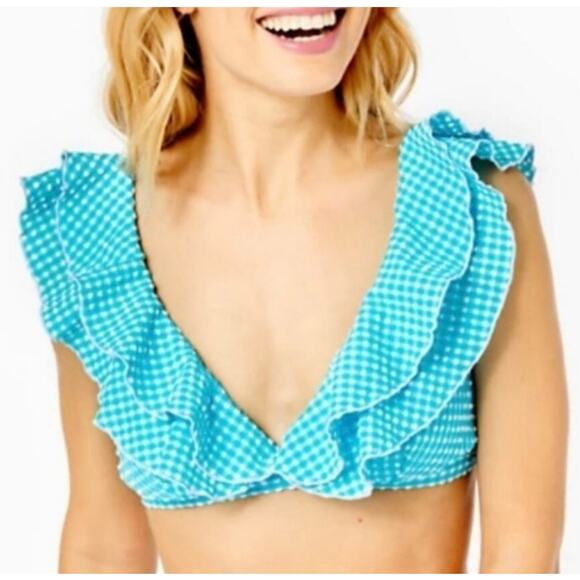 Lilly Pulitzer Aelin Turquoise Oasis Crinkle Gingham Bikini Swim Top 12 NWT - Picture 1 of 3